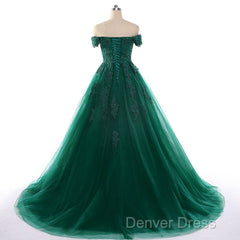Real Off Shoulder Green Prom Dresses Beaded Appliques Emerald Quince Dresses