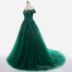 Real Off Shoulder Green Prom Dresses Beaded Appliques Emerald Quince Dresses