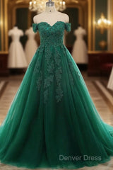 Real Off Shoulder Green Prom Dresses Beaded Appliques Emerald Quince Dresses