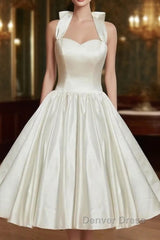 Reception Little White Dresses Wedding Dresses A-Line Halter Sleeveless Tea Length Satin Bridal Gowns With Bow(S) Pleats