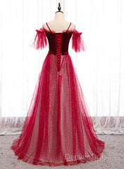 Red A-Line Floor Length Off Shoulder Long Prom Dresses, Red Long Evening Dresses