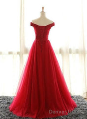 Red A Line Off Shoulder Floor Length Tulle Prom Dress, Off Shoulder Graduation Dress, Red Formal Dress