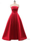 Red A Line Satin Strapless Prom Dresses With Bow