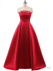 Red A Line Satin Strapless Prom Dress With Bow