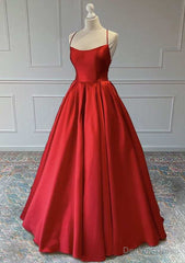 Red A-Line Sleeveless Square Neckline Satin Prom Dress