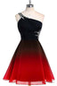Red and Black One Shoulder Chiffon Beaded Homecoming Dress, Gradient Short Prom Dresses