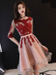 Red And Pink Tulle With Lace Short Sleeves Prom Dress, High Low Homecoming Dresses