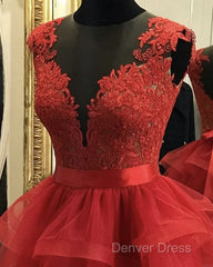 Red Appliques Ruffles Homecoming Dresses