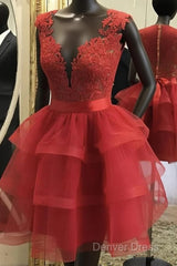 Red Appliques Ruffles Homecoming Dresses