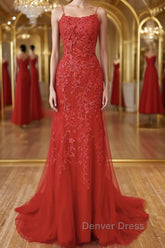 Red Backless Lace Prom Dresses, Red Open Back Lace Formal Evening Dresses
