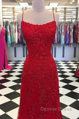 Red Backless Mermaid Lace Prom Dresses, Red Backless Lace Formal Graduation Evening Dresses