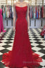 Red Backless Mermaid Lace Prom Dress, Red Backless Lace Prom Graduation Prom Dresses