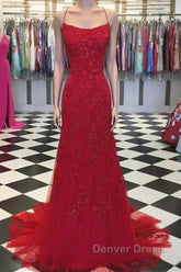 Red Backless Mermaid Lace Prom Dresses, Red Backless Lace Formal Graduation Evening Dresses
