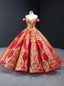 Red Ball Gowns Gold Sequins Off the Shoulder Deep V Neck Prom Dresses