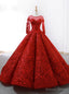 Red Ball Gowns Long Sleeve Backless Appliques Wedding Dresses