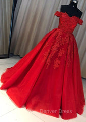 Red Ball Gown Off-the-Shoulder Sleeveless Court Train Tulle Prom Dresses With Pleated Appliqued