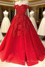 Red Ball Gowns Off The Shoulder Sleeveless Court Train Tulle Prom Dresses With Pleated Appliqued
