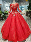 Red Ball Gowns Satin Appliques Long Sleeve Luxury Wedding Dresses With Beading