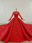 Red Ball Gowns Satin High Neck Long Sleeve Sequins Wedding Dresses With Long Train
