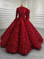 Red Ball Gowns Sequins High Neck Long Sleeve Prom Dresses