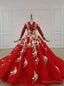 Red Ball Gowns Tulle Appliques Long Sleeve Beading Wedding With Train