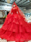 Red Ball Gowns Tulle High Neck Long Sleeve Luxury Wedding Dresses With Long Train