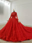 Red Ball Gowns Tulle Lace High Neck Long Sleeve Beading Wedding Dresses