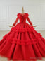 Red Ball Gown Tulle Long Sleeve Appliques Beading Floor Length Wedding Dress