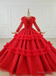 Red Ball Gowns Tulle Long Sleeve Appliques Beading Floor Length Wedding Dresses