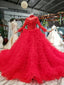 Red Ball Gowns Tulle Long Sleeve High Neck Beading Wedding Dresses