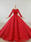 Red Ball Gowns Tulle Sequins Long Sleeve Beading Floor Length Wedding Dresses