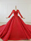 Red Ball Gowns Tulle Sequins V Neck Long Sleeve Wedding Dresses With Train