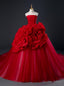 Red Ball Gowns Tulle Strapless Flower Quinceanera Dresses
