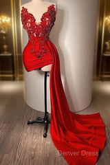 Red Beaded Appliques With Train Prom Dresses拢卢Sweetheart Mini Cocktail Evening Dresses