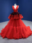 Red Black Tulle V Neck Sleeveless Prom Dresses