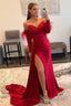 Red Detachable Long Sleeves Long Prom Dresses with Feathers