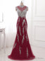 Red Prom Dress Crystal Long Prom Dresses Sexy Illusion