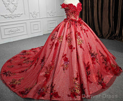 Red Flower Off-the-Shoulder Quinceaera Dress