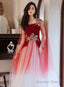 Red Gradient Tulle With Flowers Long Wedding Prom Dress, Red Prom Dresses