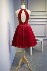 Red Halter Beaded Short Party Dresses, Beaded And Sequined Party Dresses, Homecoming Dresses