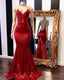 Red Halter Sequins Sparkle Prom Gown Sexy Mermaid Dress Long Maxi Dresses