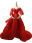 Red Off The Shoulder Short Sleeve Train Wedding Dresses