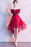 Red High Low Lace Flowers Tulle Off Shoulder Prom Dress, Red Prom Dress