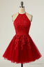 Red Homecoming Dress Halter Sleeveless Applique A Line Mini Prom Dresses