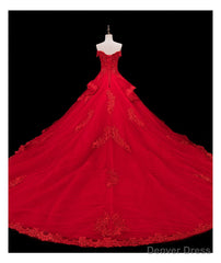 Red Lace and Tulle Gorgeous Off Shoulder Princess Sweet 16 Dress, Red Formal Gown