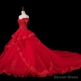 Red Lace and Tulle Gorgeous Off Shoulder Princess Sweet 16 Dress, Red Formal Gown