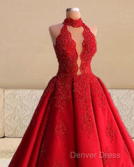 Red Lace Halter Ball Gown Satin Dresses