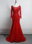 Red Lace Mermaid Long Sleeves Prom Gowns, Red Lace Wedding Prom Dresses