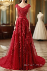 Red Lace Prom Dresses Cap Sleeves Formal Dresses, Evening Dresses, Dance Dresses