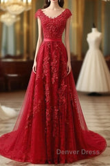 Red Lace Prom Dresses Cap Sleeves Formal Dresses, Evening Dresses, Dance Dresses